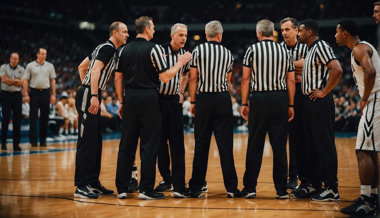 Basketball referees huddle, share knowledge, and communicate on the court