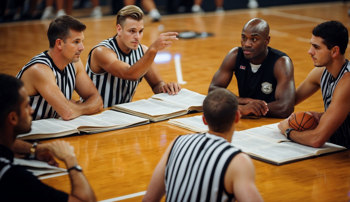 Basketball referees studying rulebooks, attending workshops, and practicing signaling calls on the court