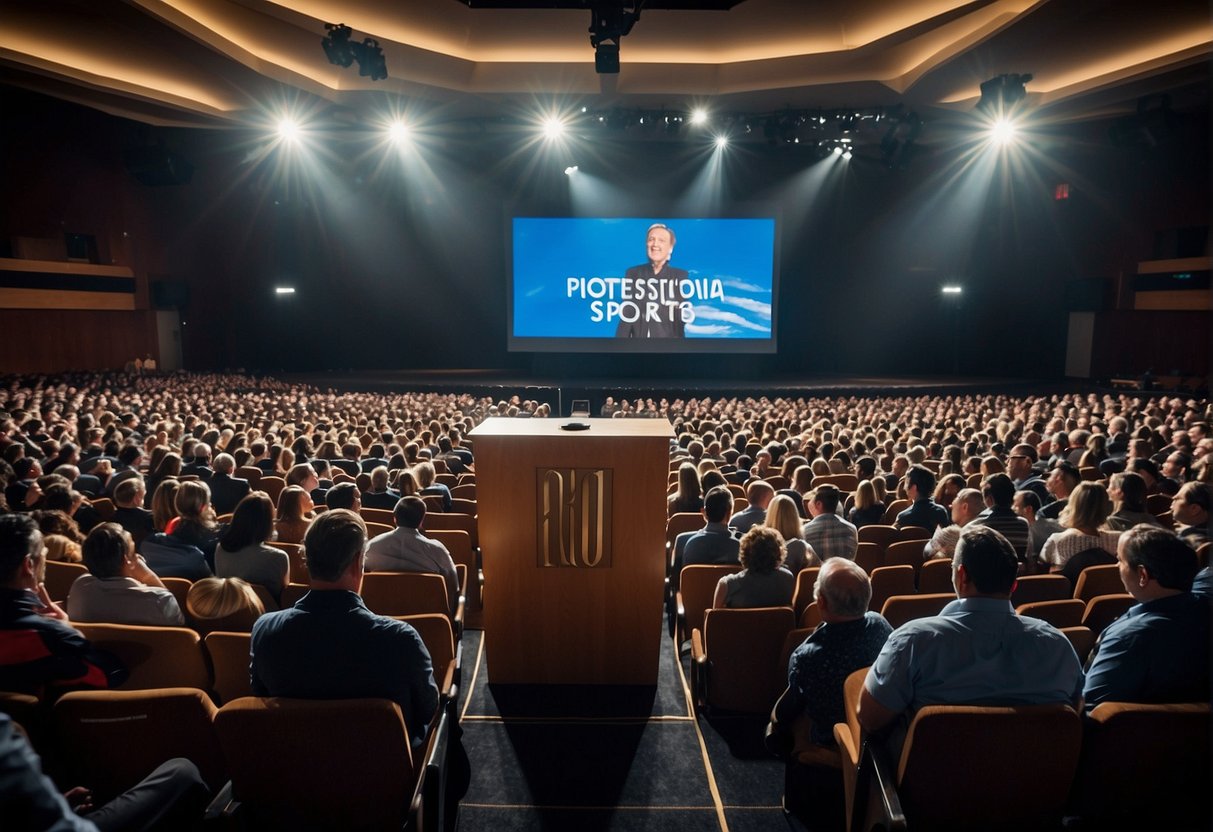 A podium with a microphone stands in the center of a packed auditorium, with a large screen behind it displaying the words "Top 10 Professional Sports Speakers for Your Event." The room is filled with anticipation and excitement