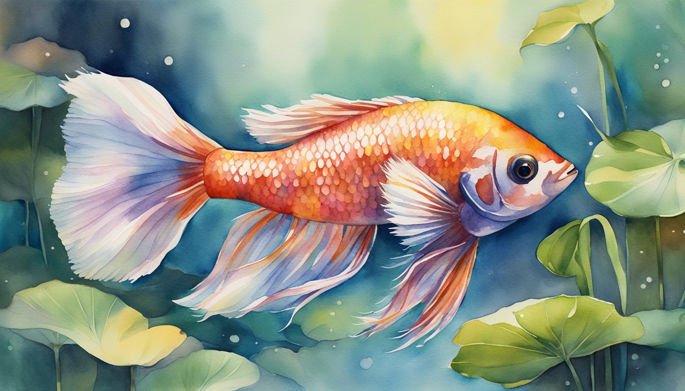 A Betta fish swims gracefully among vibrant aquatic plants in a clear, tranquil stream.</p><p>The sun filters through the water, casting a shimmering glow on its iridescent scales