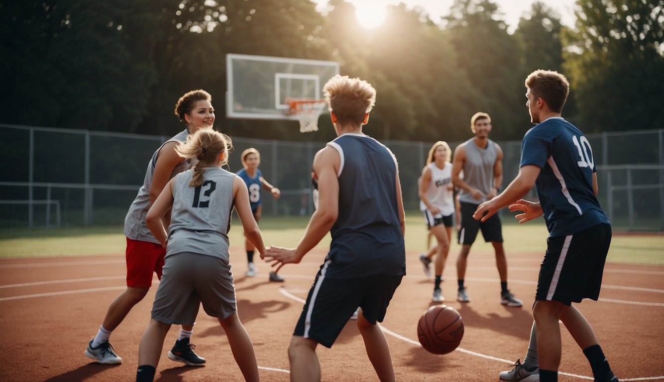 A group of friends playing a fast-paced game with a round ball and a hoop, aiming to score points by throwing the ball through the hoop