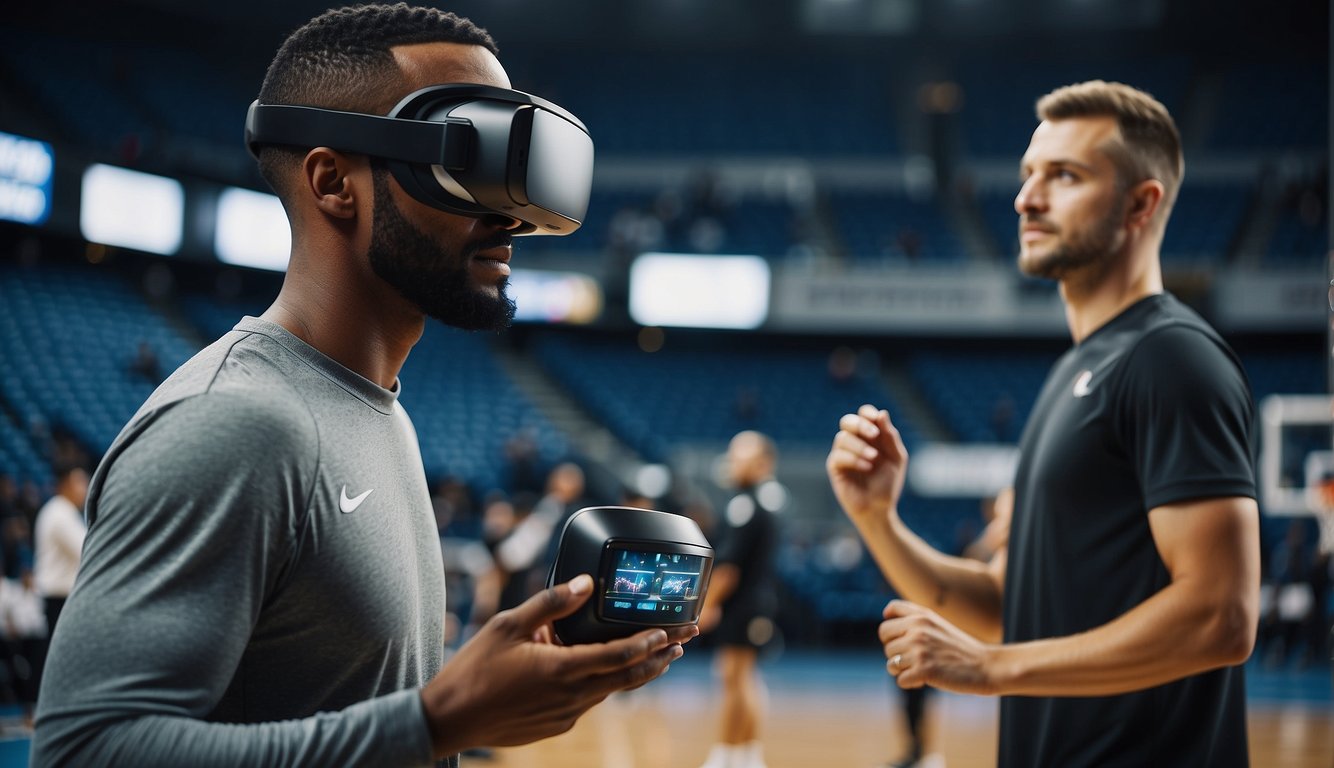 Basketball court with high-tech training equipment. Players using virtual reality headsets and motion sensors. Coaches analyzing data on large screens