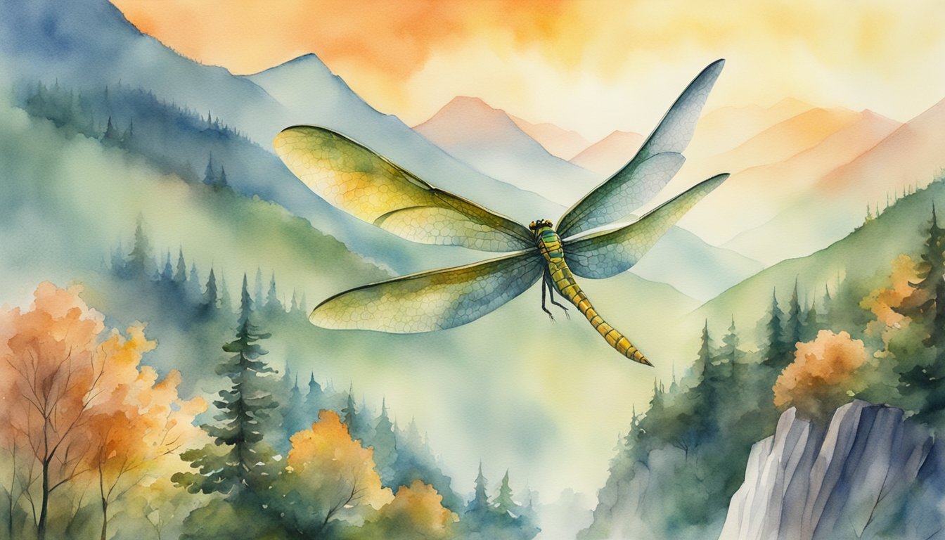 A majestic dragon flies over a lush, mountainous landscape, its scales shimmering in the sunlight as it breathes fire into the sky