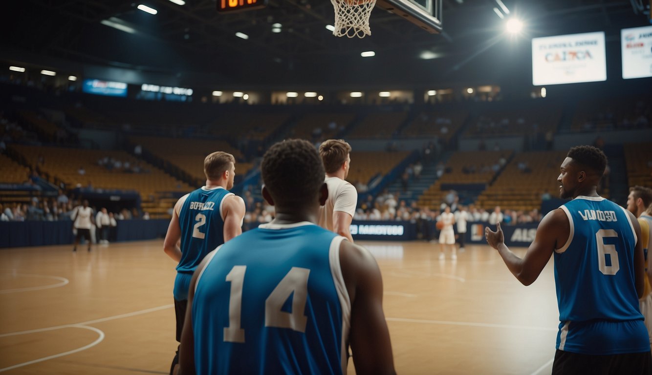 Players strategize on a court, focusing on teamwork and precision. The ball bounces, as they pivot and pass, seeking the perfect shot