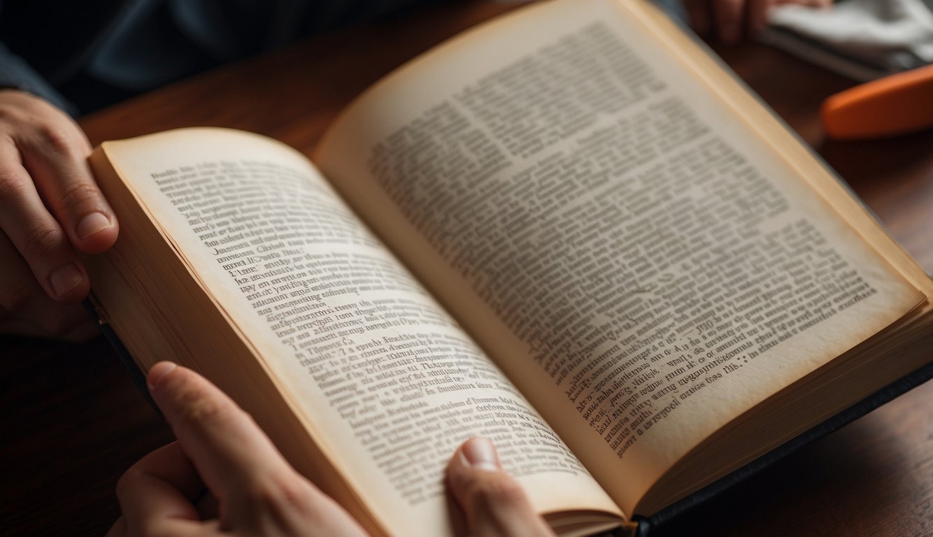 A person reading a thick book on regulations, with a basketball lying nearby