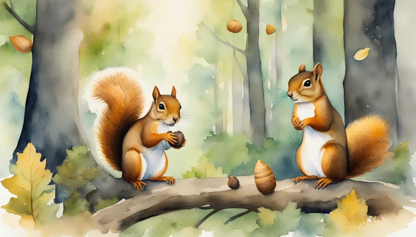 Squirrels interact with humans in a forest, holding acorns and flying between trees