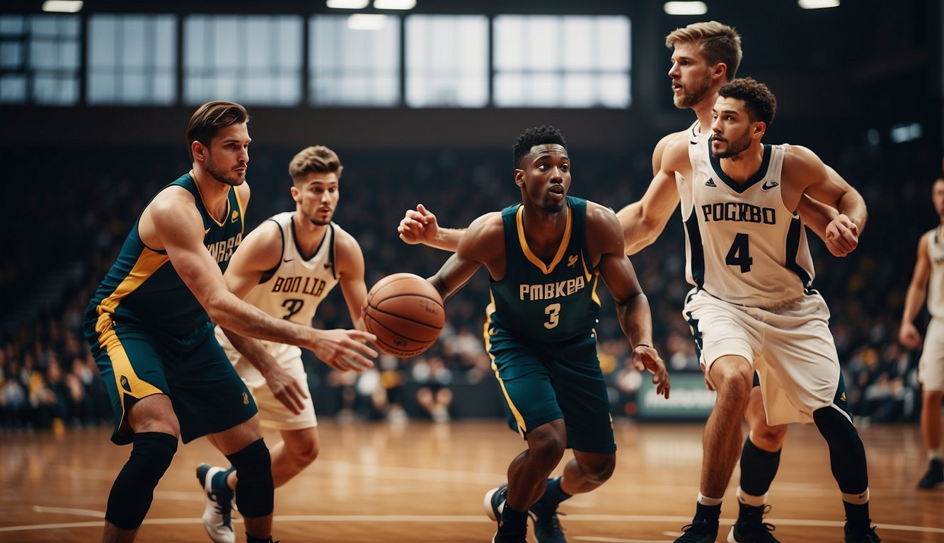 A group of players pass a round object to each other on a court