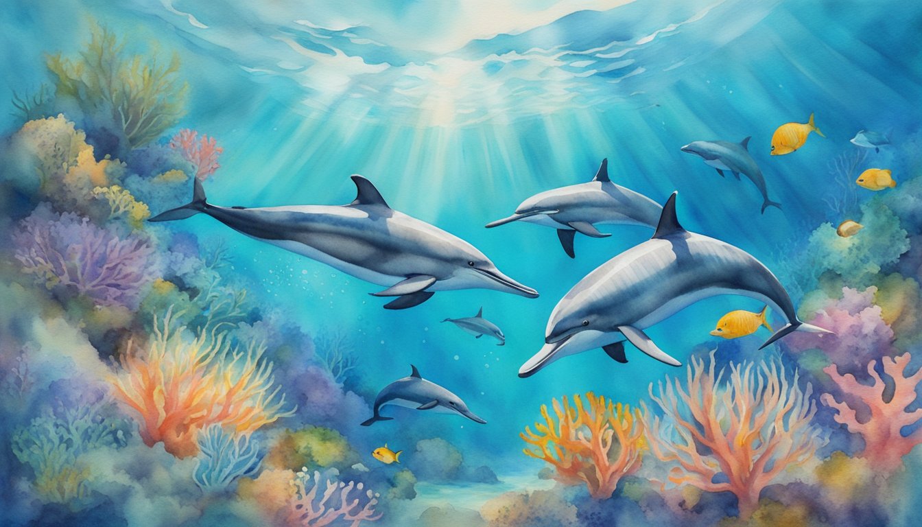 Spinner dolphins leap and spin in the crystal-clear waters, surrounded by a vibrant coral reef and a diverse array of marine life