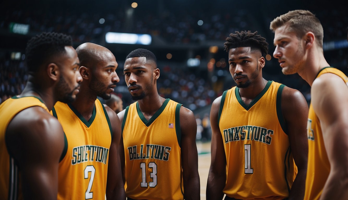 Players and teams strategize on the court, discussing substitutions and tactics during a basketball game