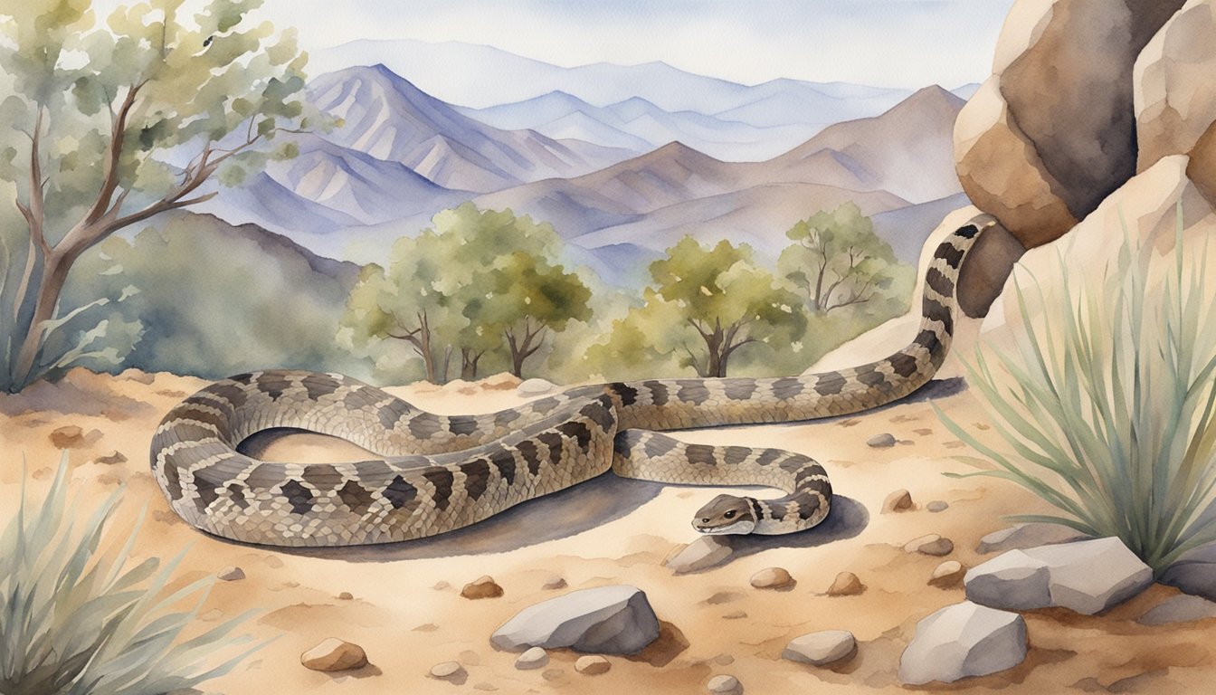 A person carefully observes a diamondback rattlesnake in its natural habitat, showing respect for the creature and its conservation