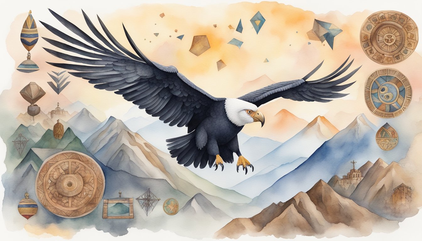 Andean condor soars above mountain peaks, surrounded by traditional Andean symbols and artifacts, representing its cultural significance and conservation efforts