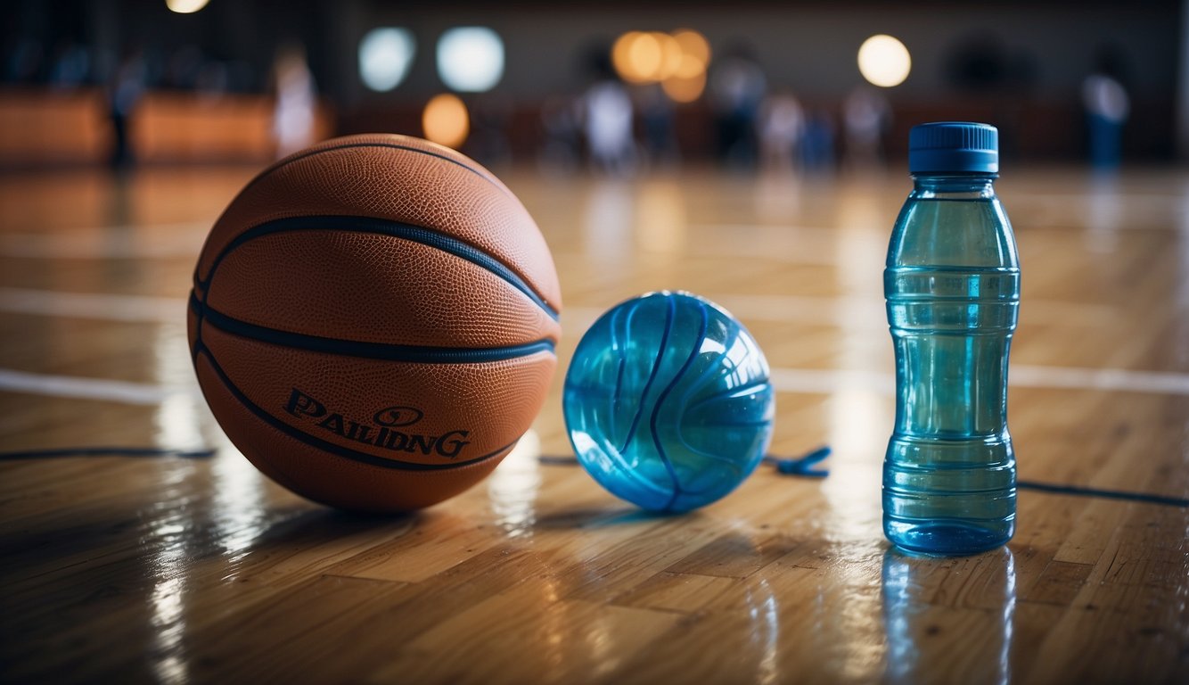 A basketball bouncing on a court, surrounded by sports equipment and water bottles