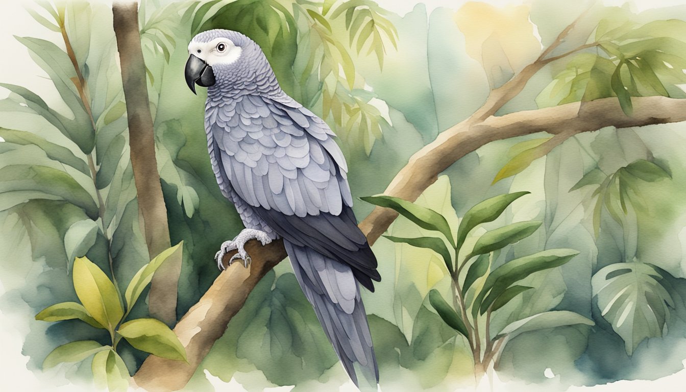 An African grey parrot perched on a tree branch in a lush rainforest, surrounded by various native plants and wildlife