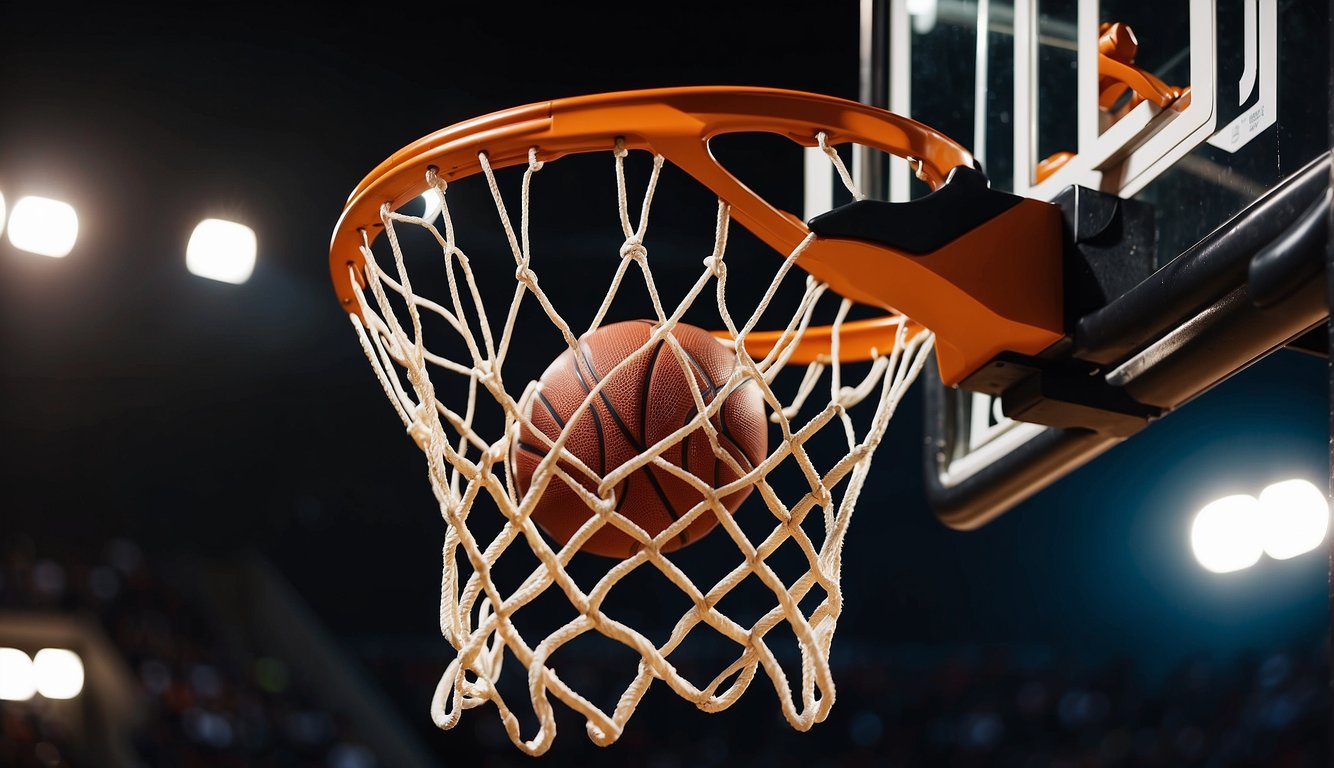 A basketball court with a hoop, basketball, and exercise equipment. Sweat drips as a player trains intensely, focusing on weight management and fat loss