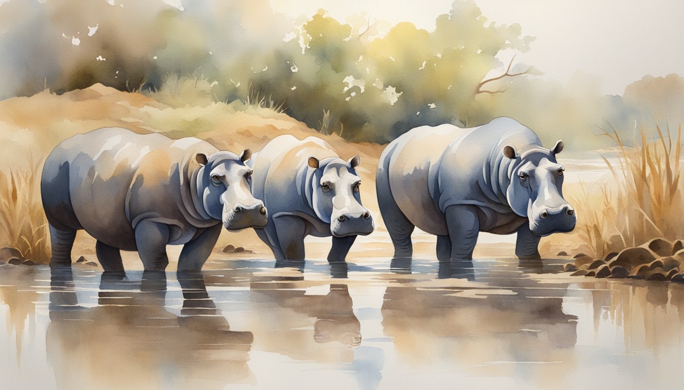 A group of hippos wade in a muddy river, wary of lurking crocodiles and lions on the bank