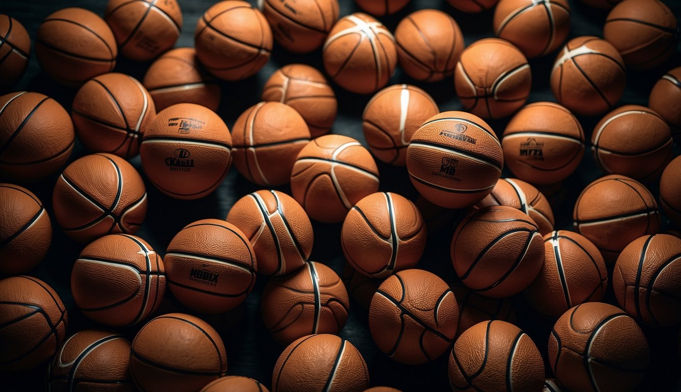 A group of basketballs arranged in a circle, with lines and arrows indicating movement and passing between them