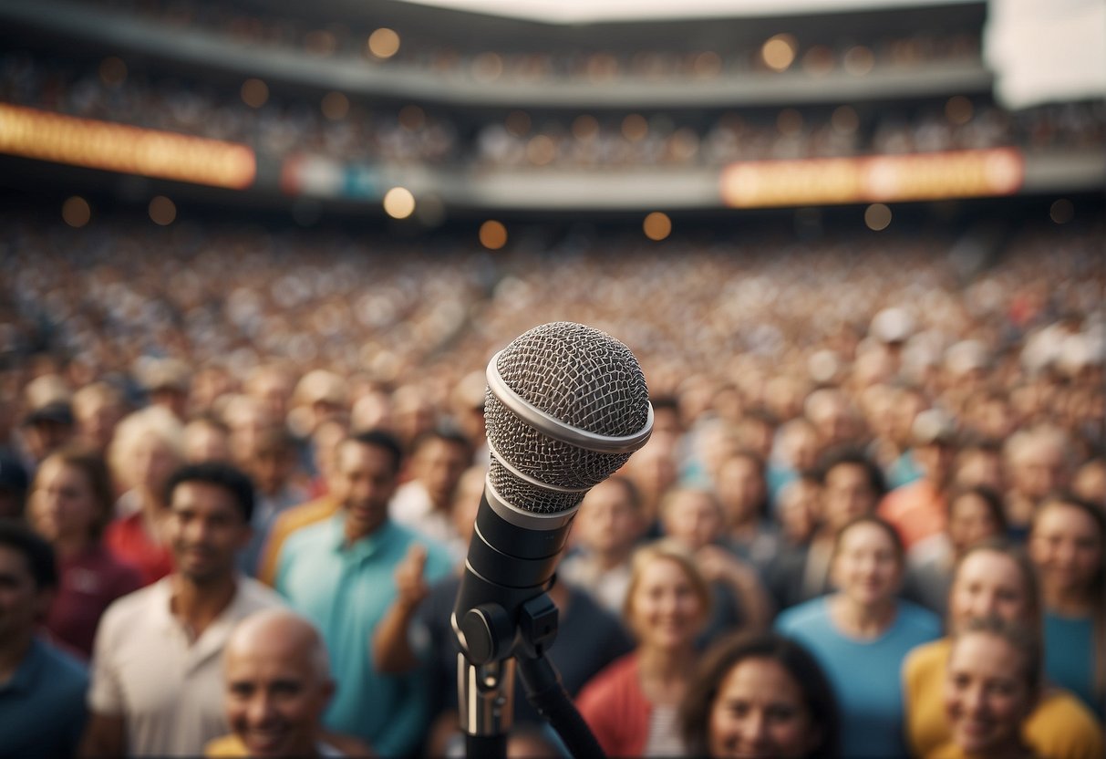A podium with a microphone, surrounded by a crowd. A sports-themed backdrop with images of athletes. Text "Understanding Your Speaker" displayed prominently
