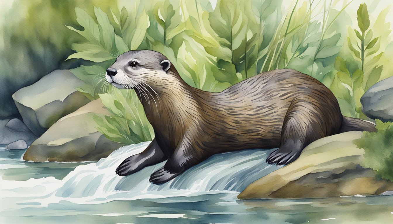 A North American river otter swims gracefully through a clear, flowing stream surrounded by lush green vegetation and rocky banks, showcasing its sleek, brown fur and webbed feet