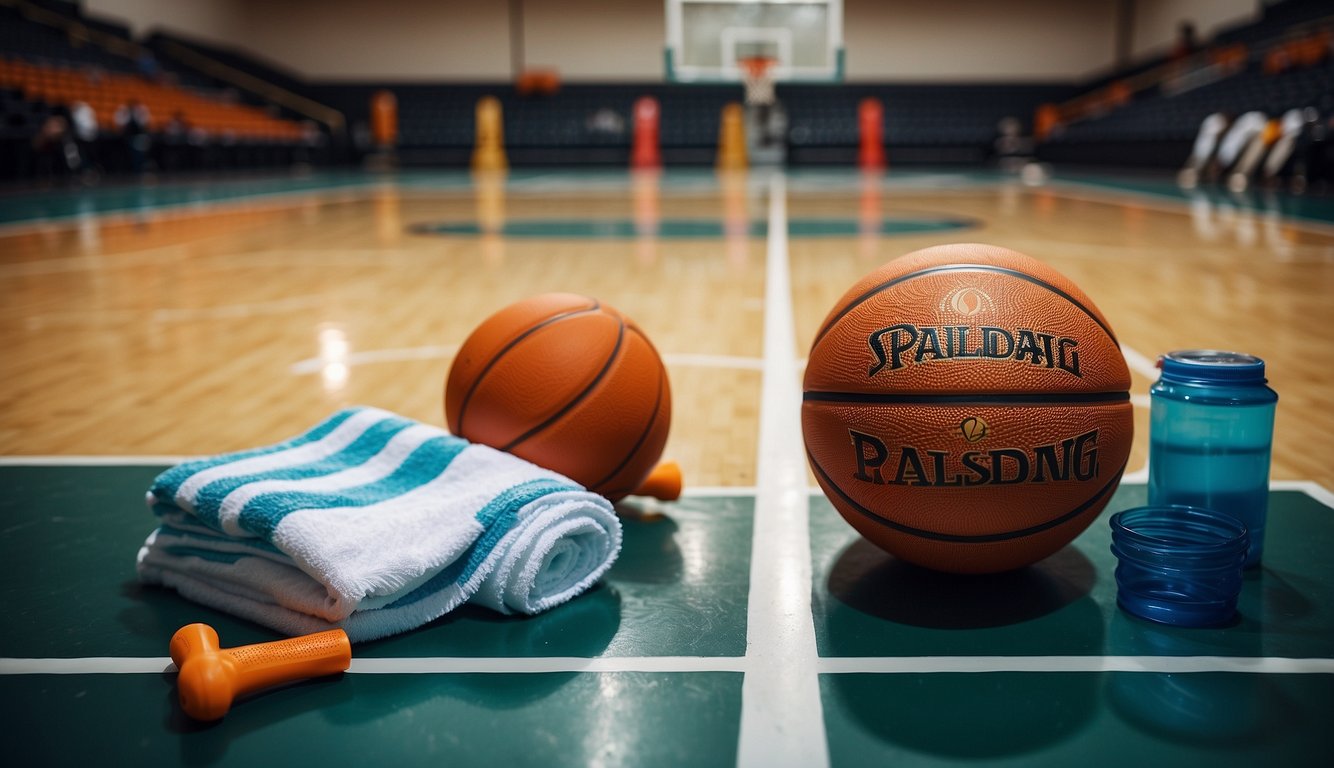 Basketball, cones, agility ladder, resistance bands, water bottle, and towel on a basketball court