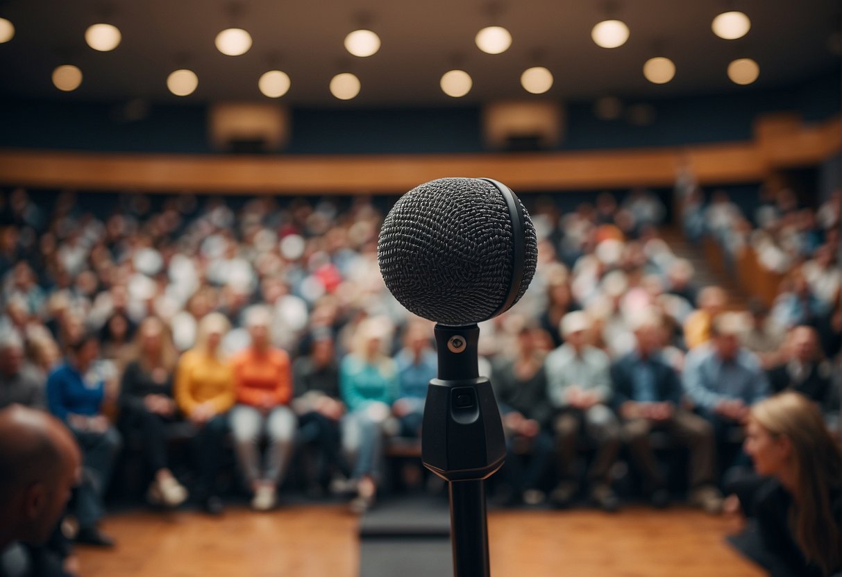 A podium with a microphone, a screen displaying "Dos and Don'ts of Reaching Out to Potential Sports Speakers," and a room filled with attentive listeners