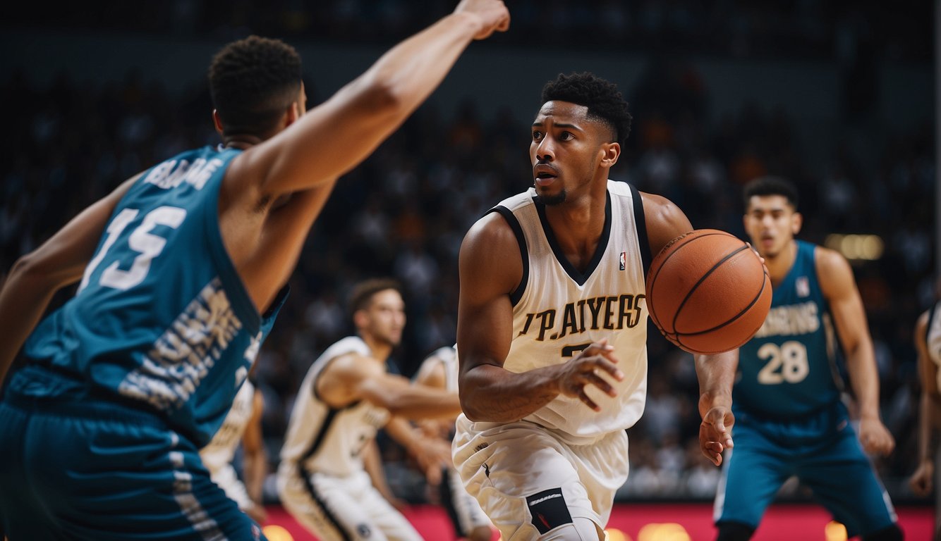 Players executing advanced basketball techniques on the court. Dribbling, shooting, and defensive maneuvers in action