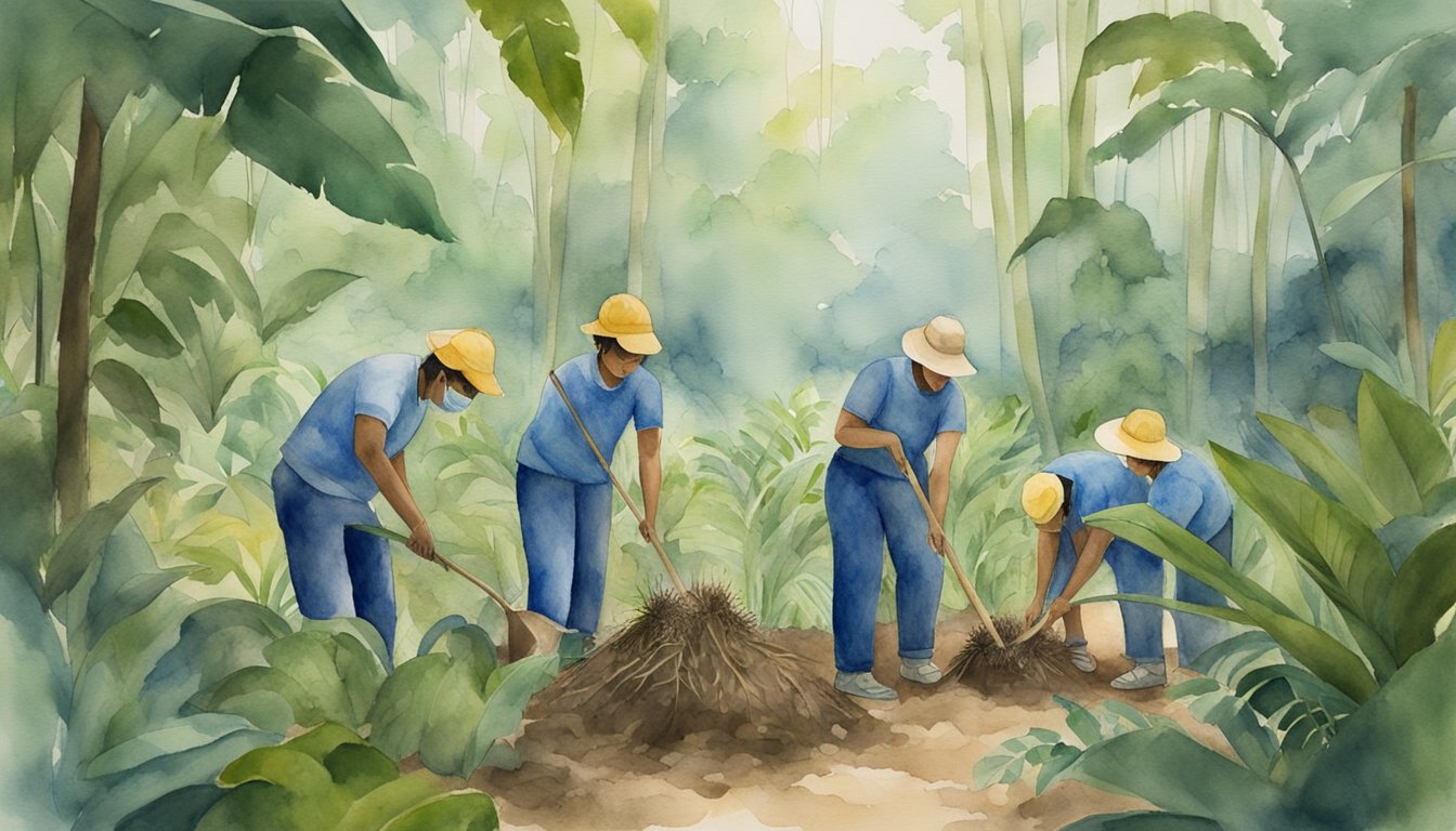 A group of volunteers plants trees in the rainforest to create a habitat for the endangered blue-throated macaw.</p><p>They work together to protect the bird's natural environment