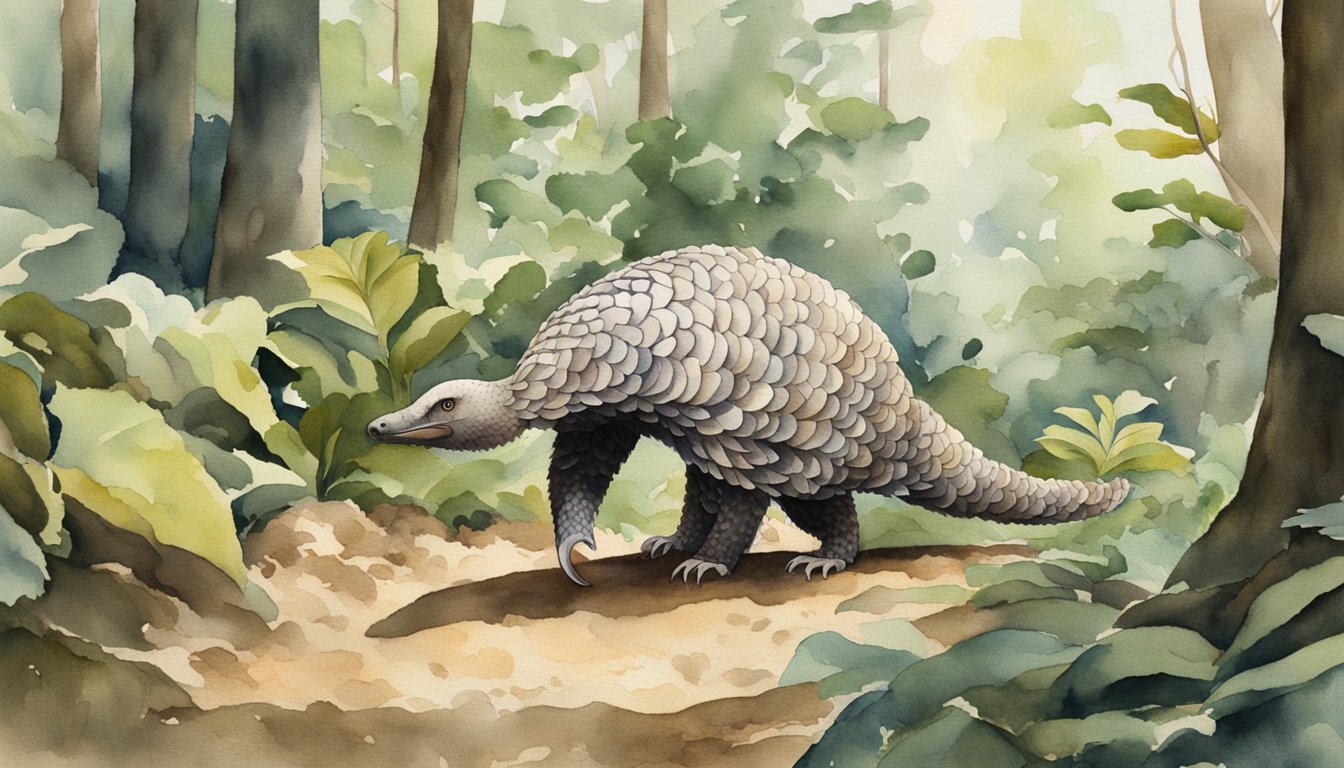 A Chinese pangolin scurries through a dense forest, its scales glistening in the dappled sunlight.</p><p>It digs for ants with its long claws, its prehensile tail curling behind