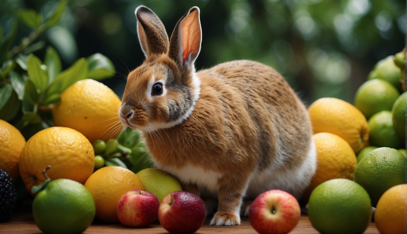A rabbit surrounded by various fruits, with a lime in front. The rabbit is sniffing the lime, with a question mark above its head