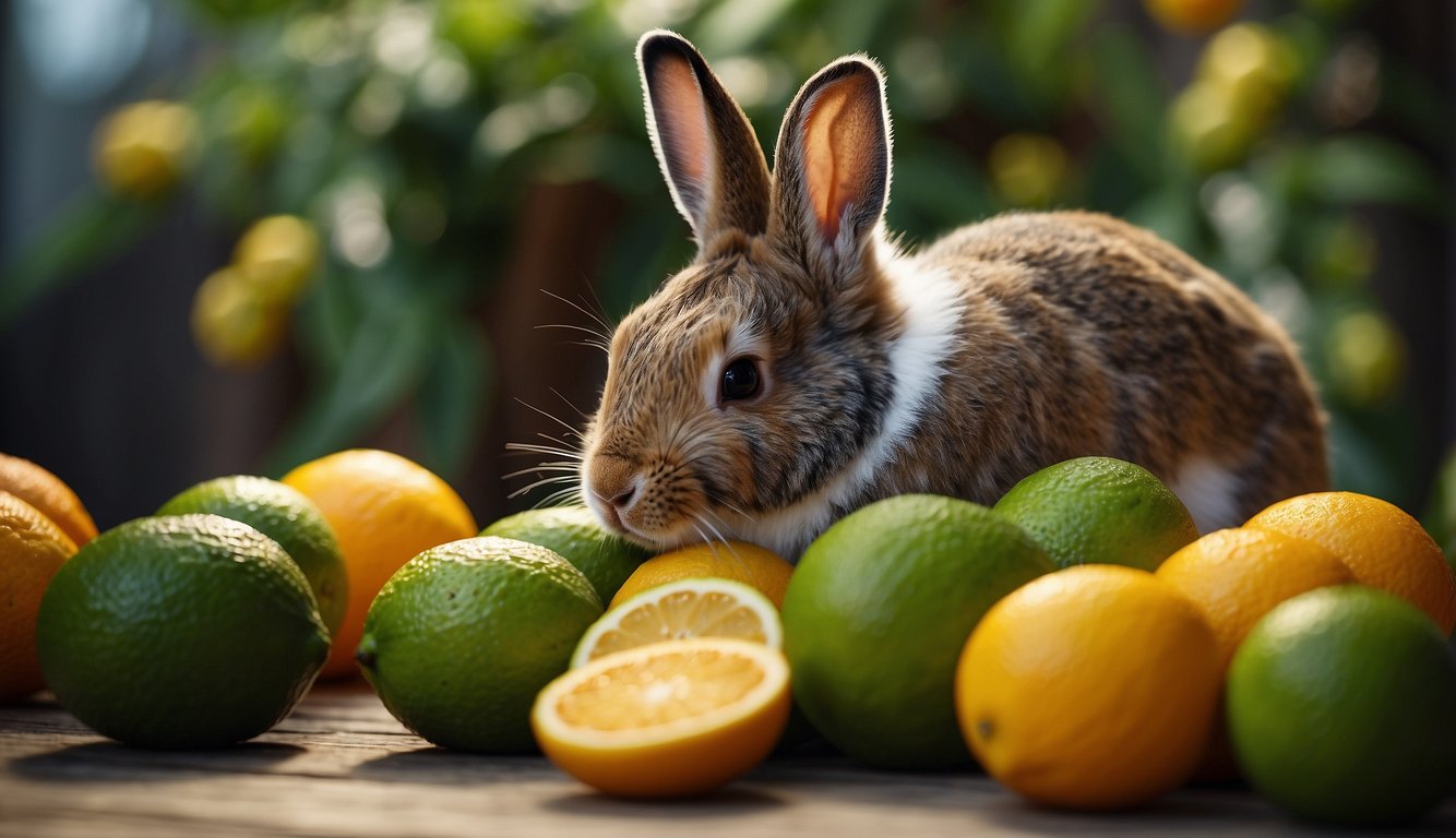A rabbit nibbles on a lime, surrounded by scattered citrus fruits