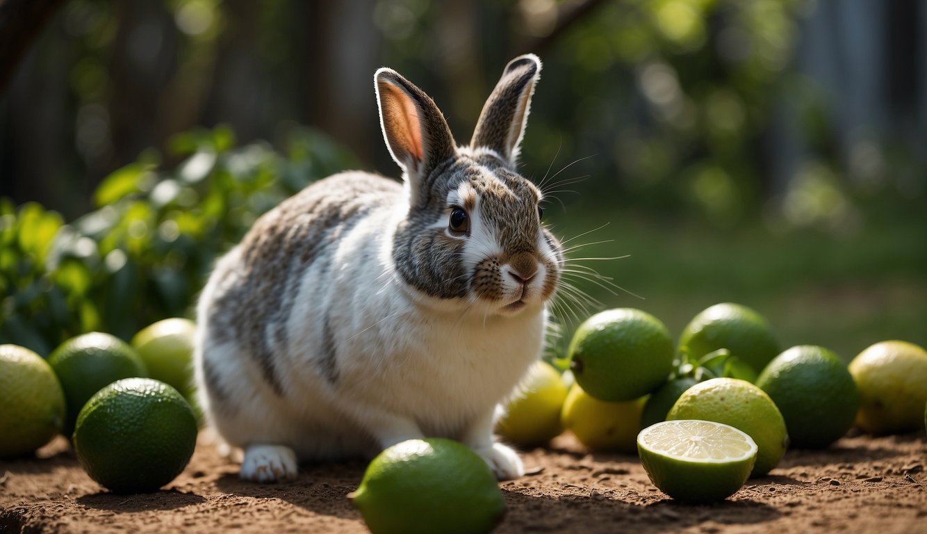 A rabbit cautiously sniffs a lime, while nearby limes lie scattered on the ground. The rabbit appears hesitant, with a questioning expression