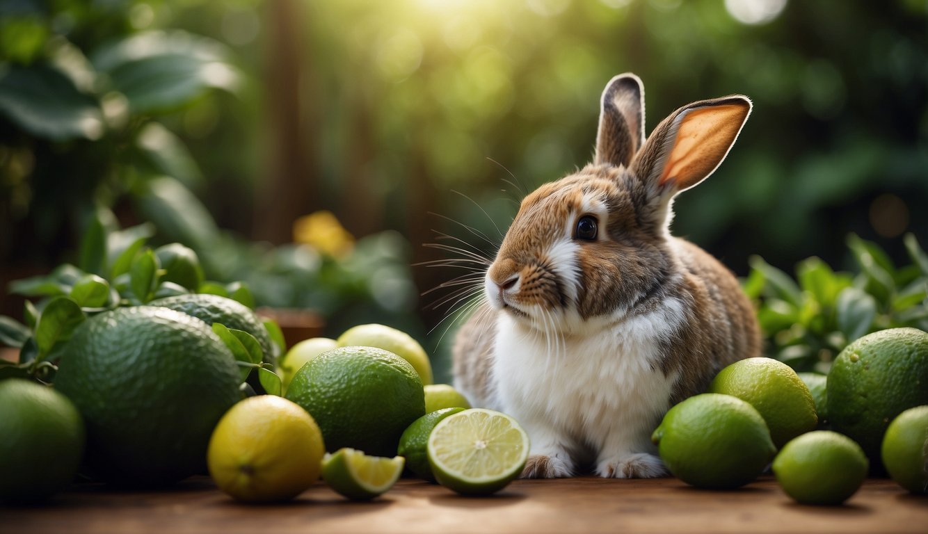 A rabbit surrounded by a variety of safe dietary alternatives, including fresh limes, in a lush and vibrant garden setting