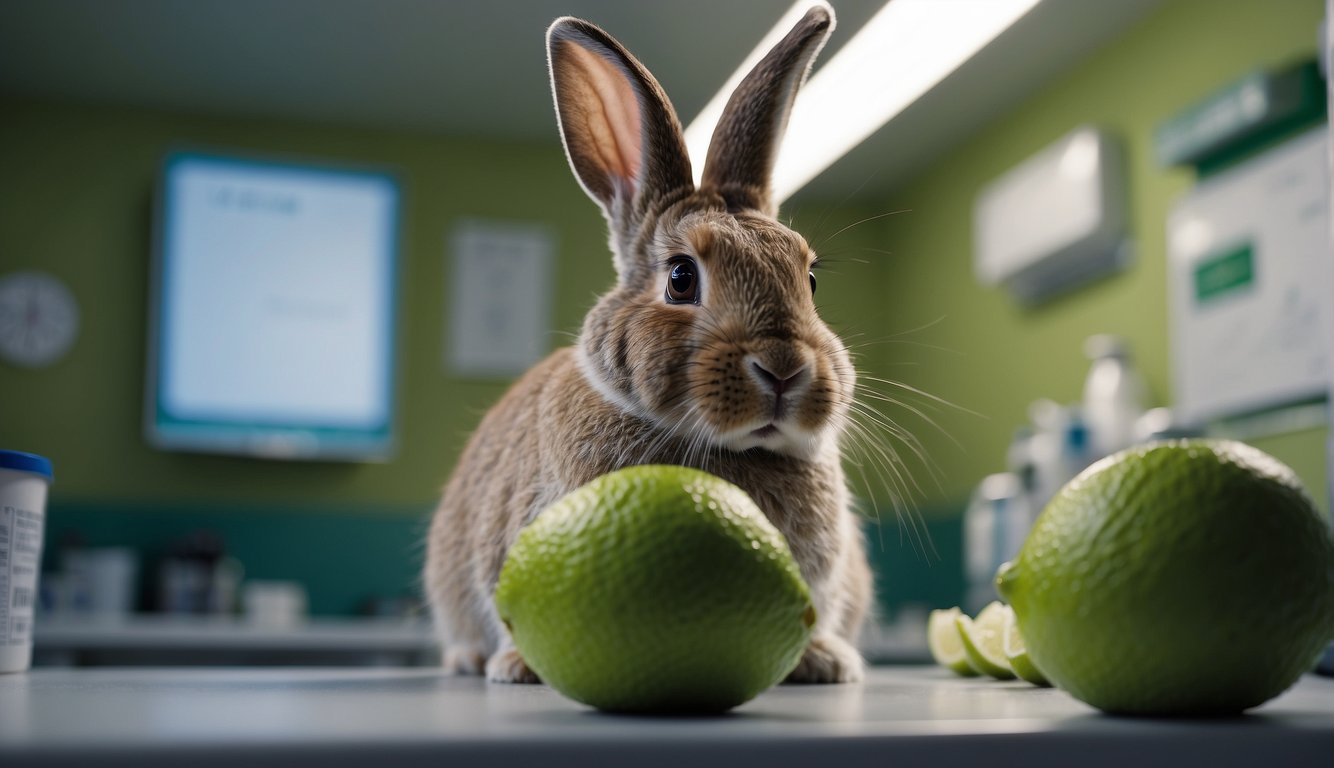 A rabbit sits on a veterinarian's examination table as the vet holds a lime, questioning if it's safe for rabbits to eat. The rabbit looks curiously at the lime, surrounded by posters of healthy rabbit diets