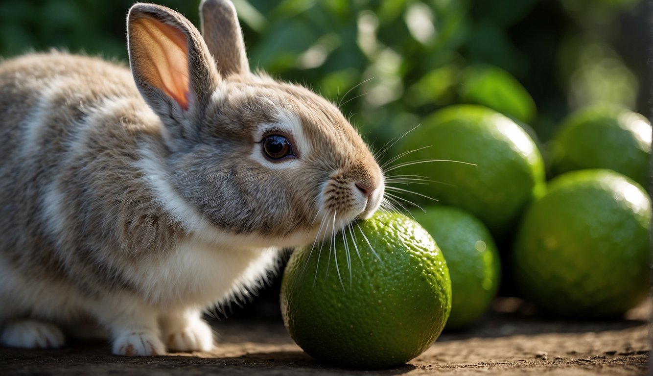 A rabbit nibbles on a lime, its nose twitching with curiosity. The vibrant green fruit contrasts against the fluffy white fur, creating a visually appealing scene