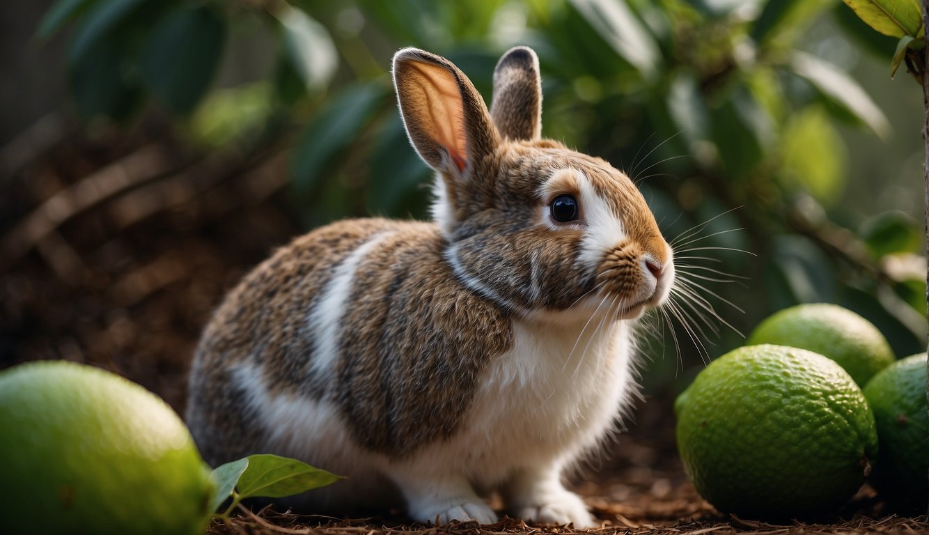 A rabbit sits next to a lime, looking curious. The lime is untouched, with a few leaves scattered around