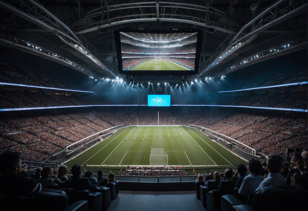 A sports stadium with high-tech screens displaying data and technology. Industry professionals engage in discussions about top sports speakers