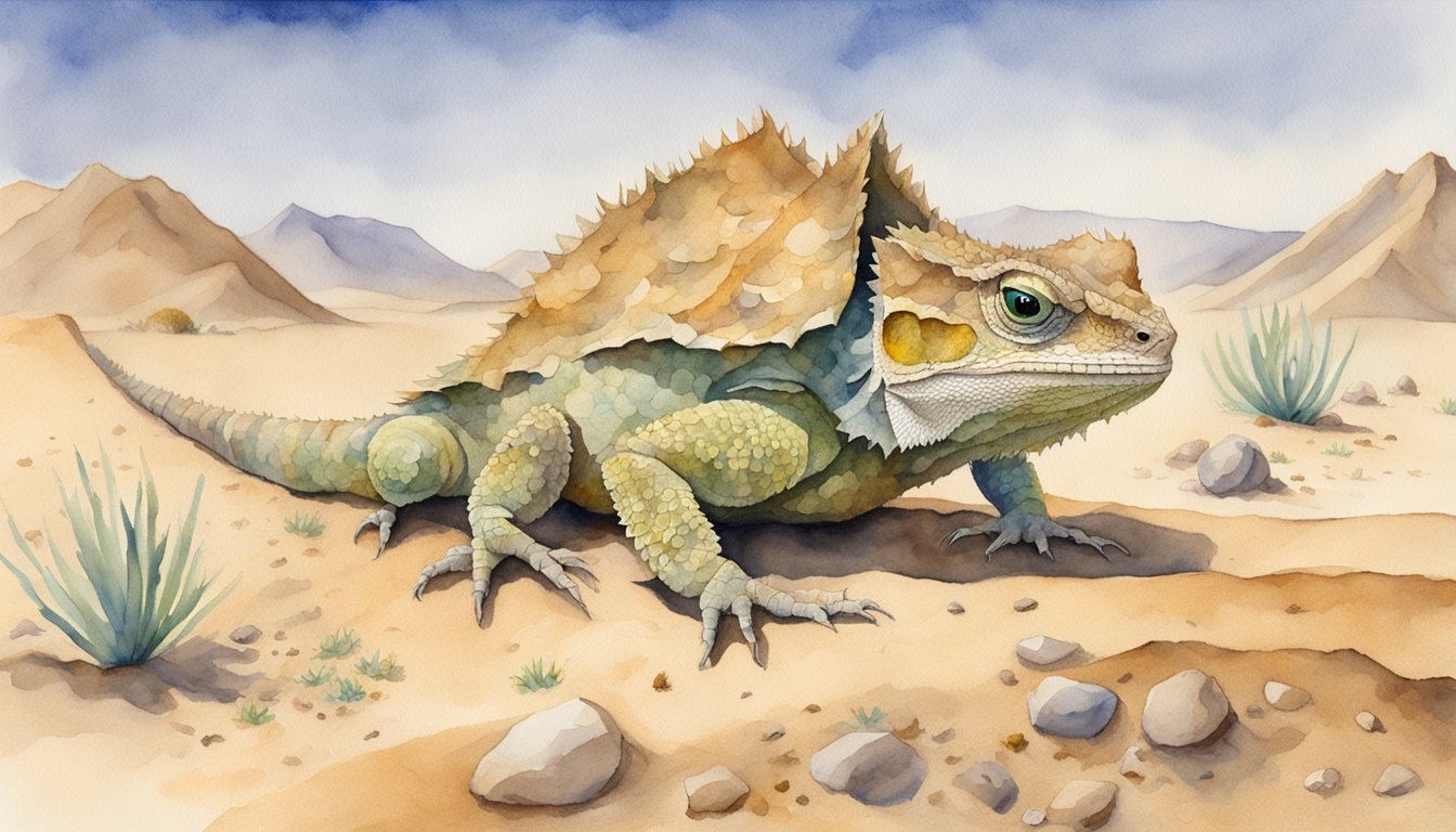 A horned lizard camouflages in sandy desert, feasting on ants, and faces threats from habitat loss and invasive species