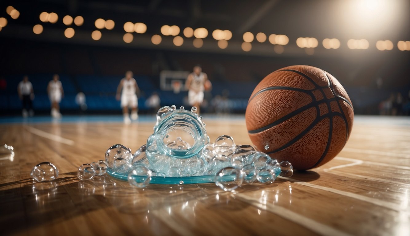 A basketball bouncing on a hardwood court, surrounded by empty water bottles and sweat towels