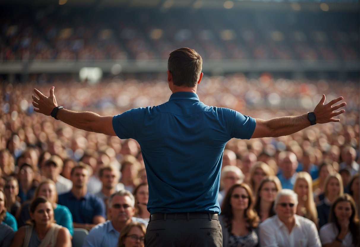 A sports speaker stands in front of a large, attentive audience. Their reputation is evident in the captivated expressions and engaged body language of the crowd