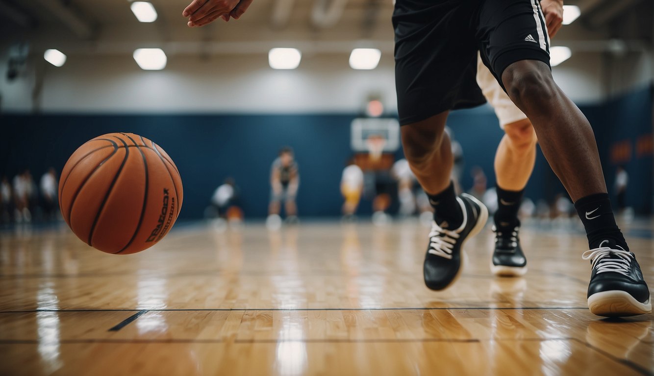 Players practice dribbling, shooting, and agility drills on a basketball court, with a focus on skill development and physical fitness