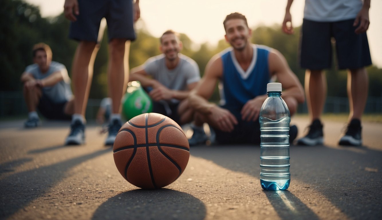 A basketball lying on the ground, surrounded by sports equipment and a water bottle. A group of friends chatting and laughing in the background