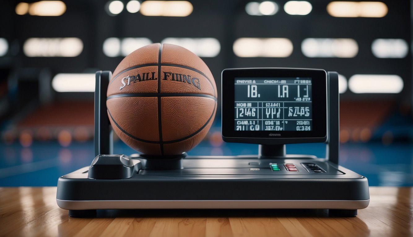 Basketball court with a scale and body composition analyzer. Graphs show weight and muscle mass changes