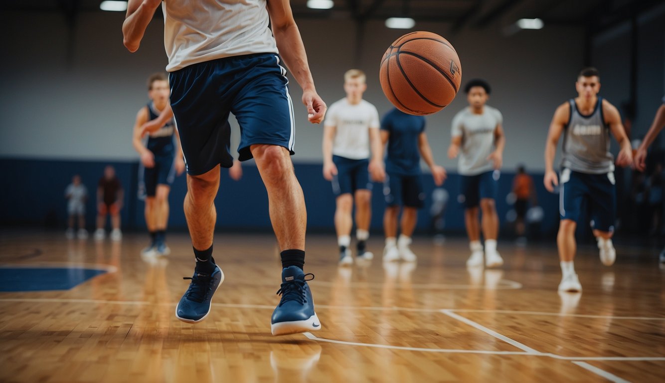 Basketball drills: dribbling, shooting, and passing. Players running, jumping, and pivoting. A coach overseeing the practice. Cones and agility ladders set up on the court