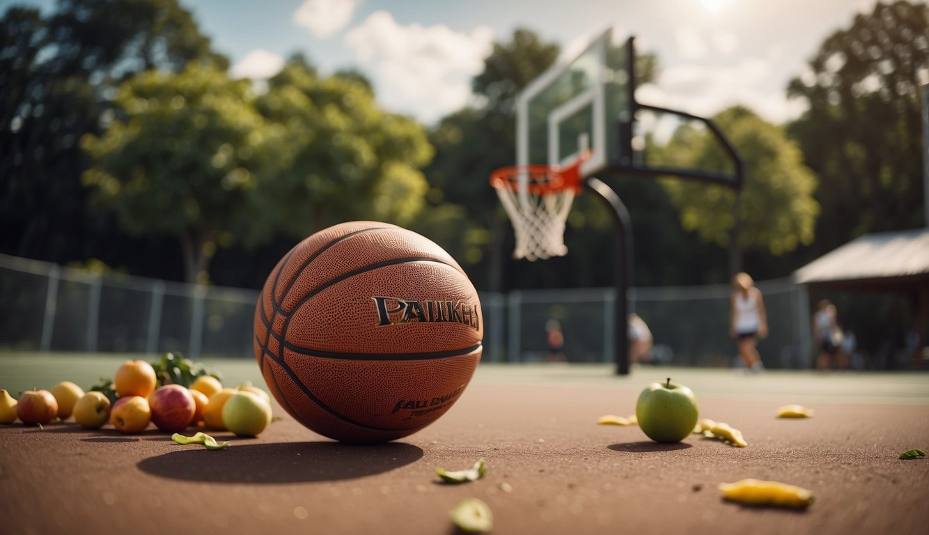 A basketball bouncing on a court, surrounded by healthy lifestyle items like fruits, vegetables, and exercise equipment