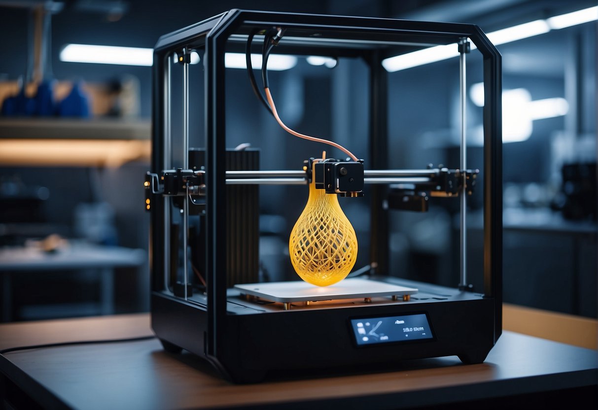 A 3D printer creating a complex prototype. Various design sketches and computer models surround the printer