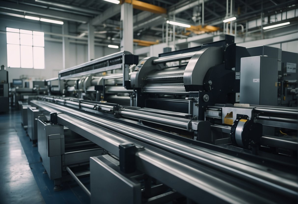 Machinery in a large industrial facility printing labels and packaging materials. Various printing presses and conveyor belts in operation