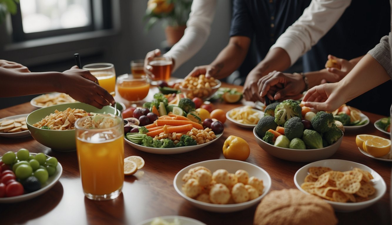 Basketball players surrounded by healthy food and drink options, with a nutritionist providing guidance