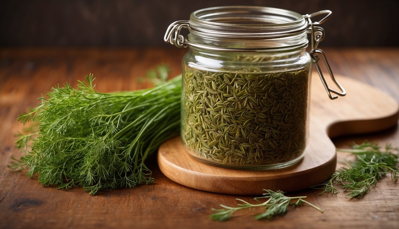 A clear jar of dried dill sits next to a fresh bunch of dill weed on a wooden cutting board. The vibrant green of the dill weed contrasts with the muted brown of the dried dill, highlighting the differences between the two