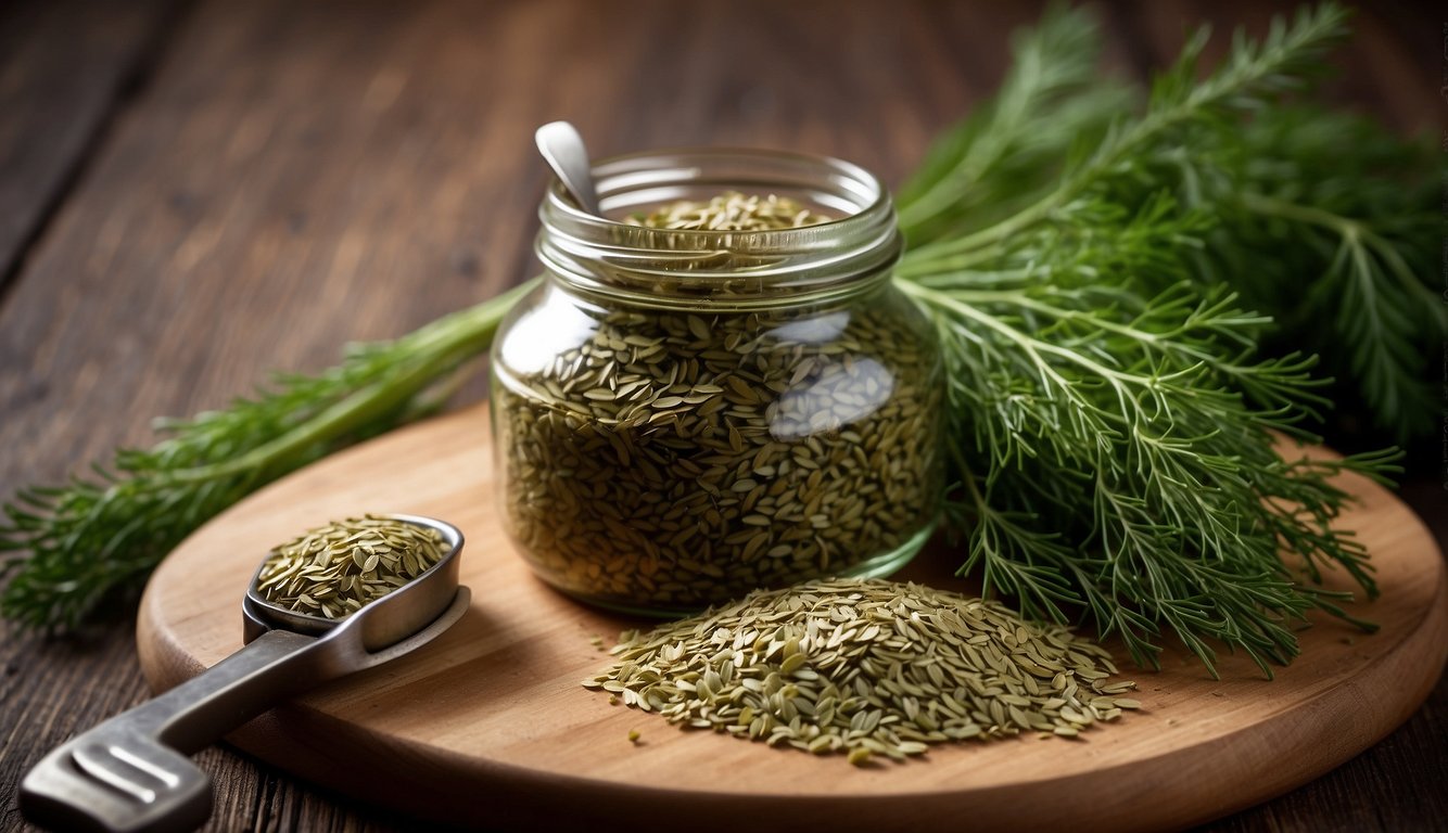 A jar of dried dill next to fresh dill weed on a wooden cutting board, with a knife slicing through the fresh dill