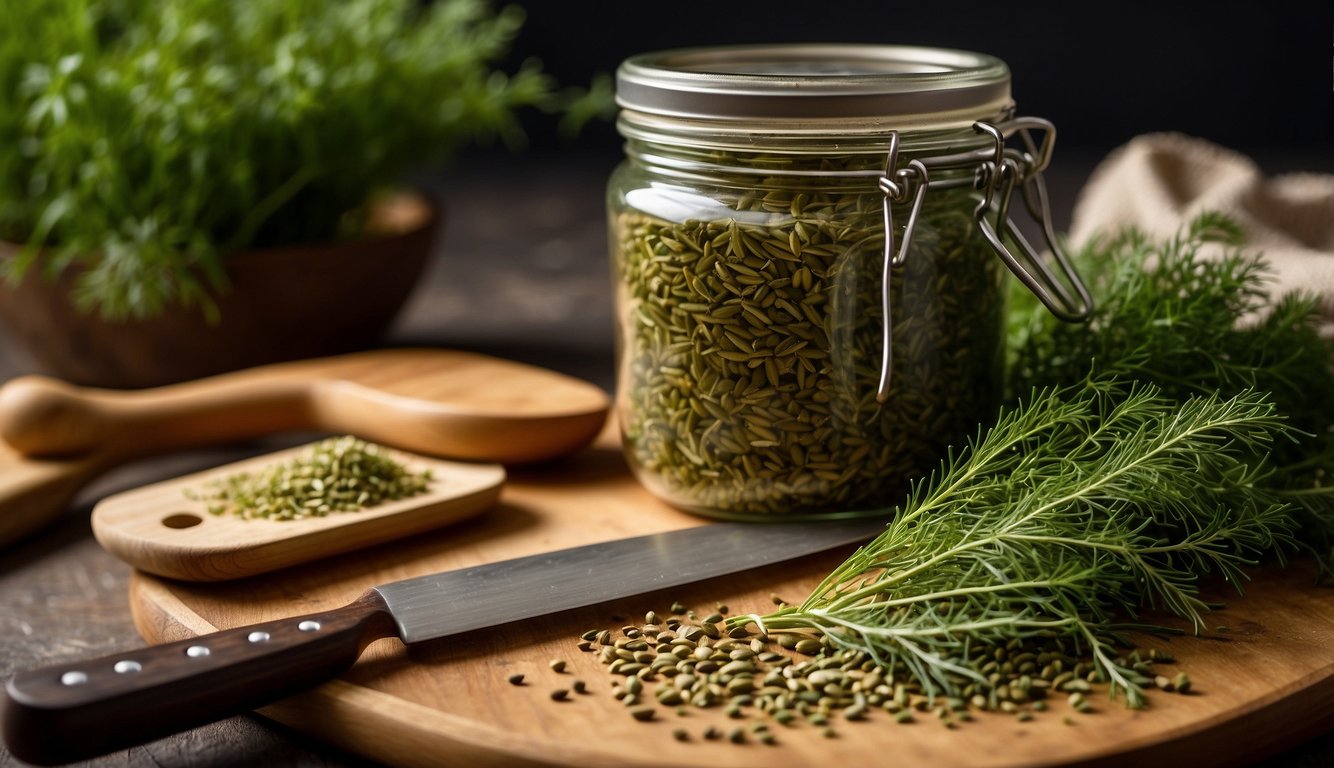 A jar of dried dill and fresh dill weed next to a cutting board with a knife and various fresh herbs. A nutrition label and information about the health benefits of dill displayed nearby