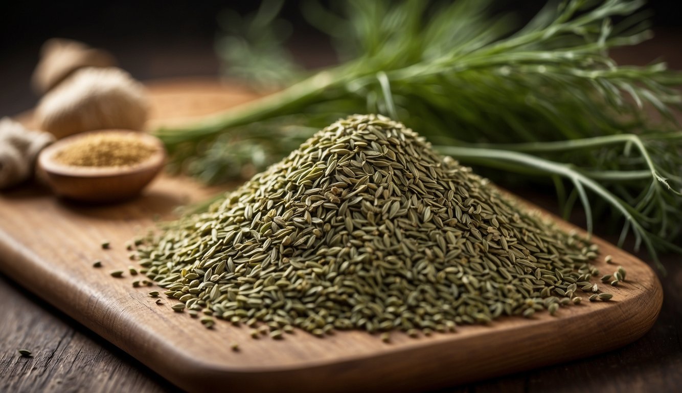 Dried dill and dill weed sit side by side on a wooden cutting board, surrounded by various herbs and spices